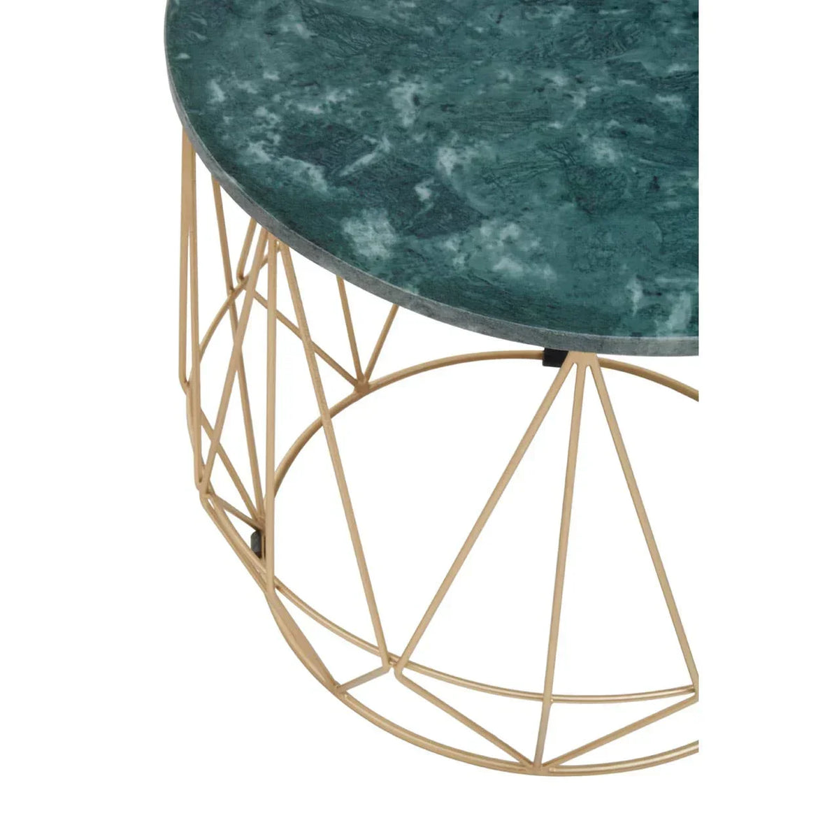 Round green marble coffee table with gold geometric metal base, angled side view