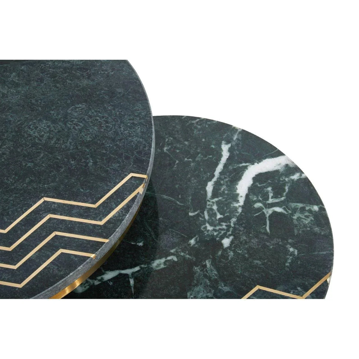 Closeup of green marble coffee tables with brass inlay and white veining