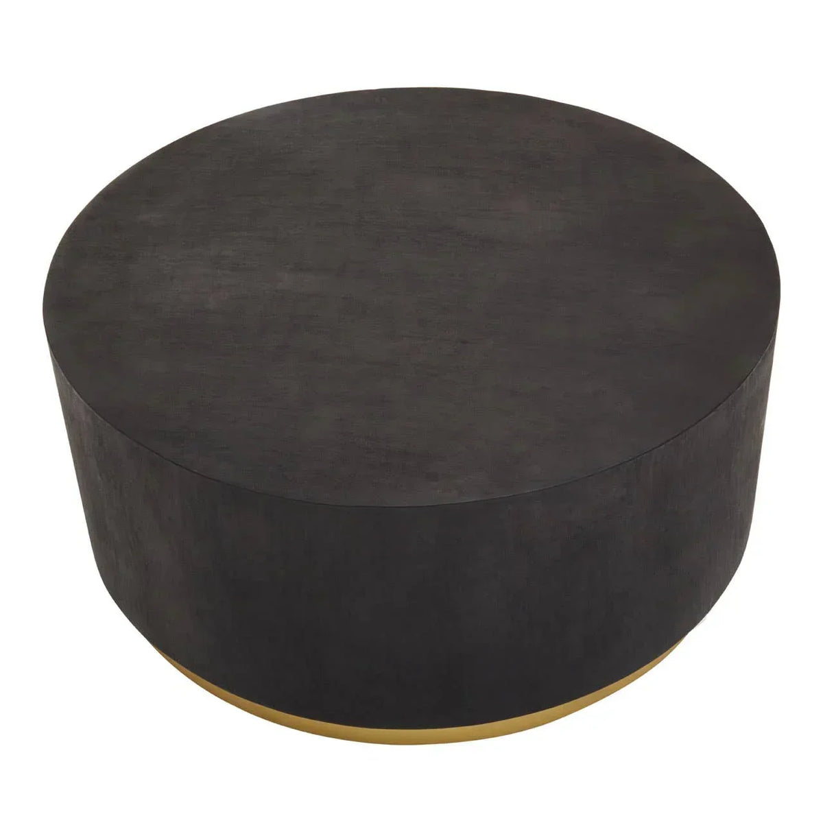 Round black coffee table with matte finish and gold base accent