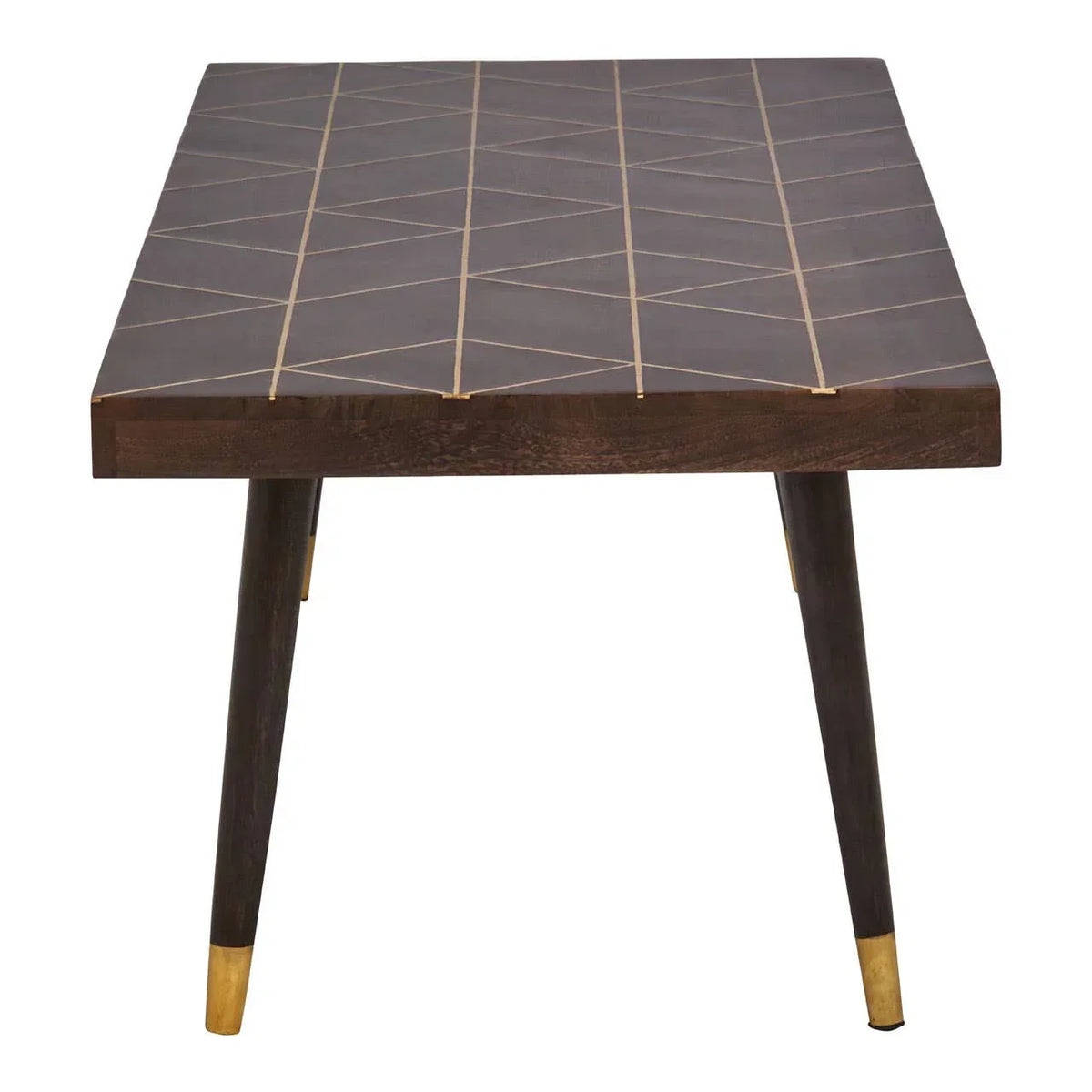 Rectangular dark wood dining table with gold geometric inlay and tapered legs, front view