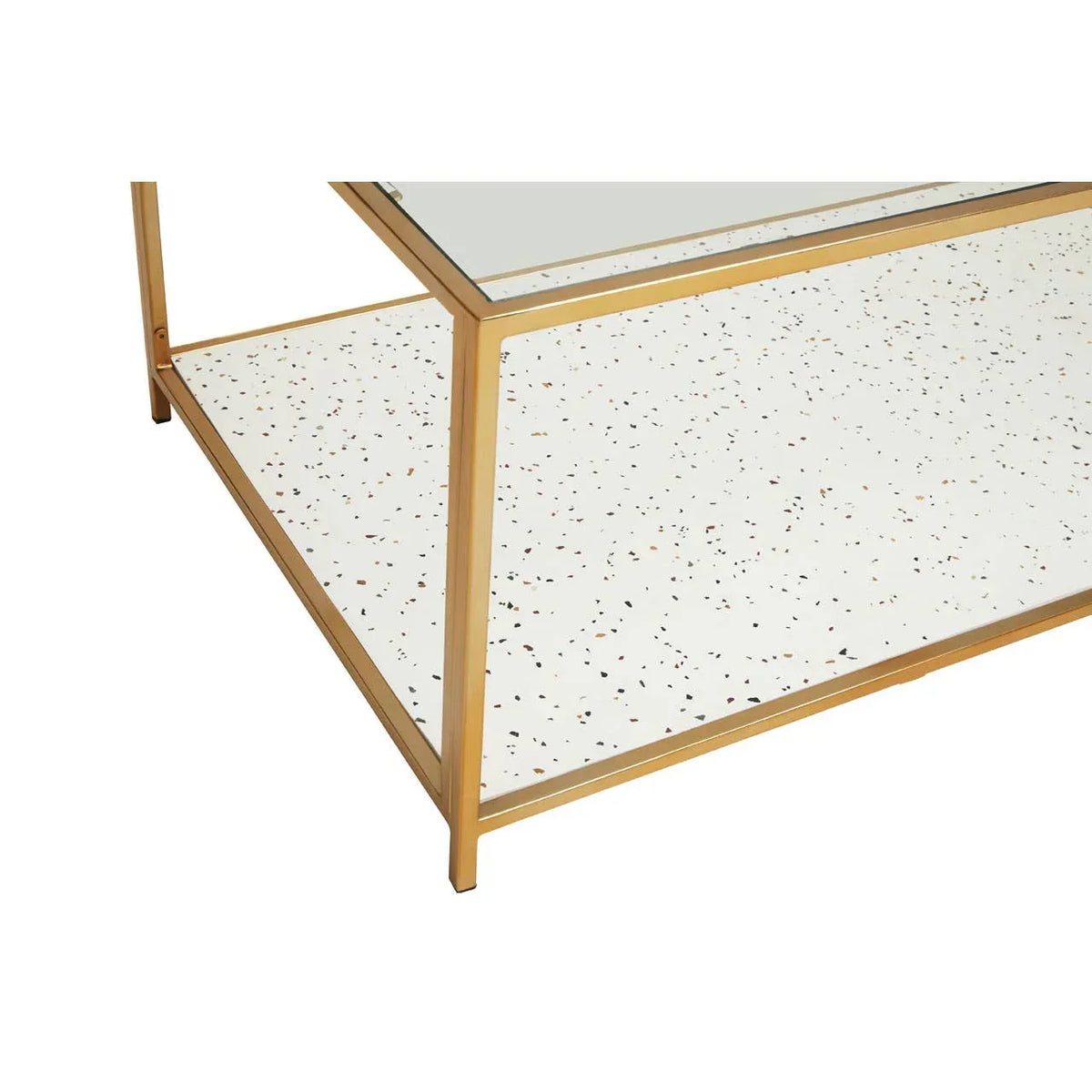 Terrazzo coffee table with gold metal frame and glass top, close-up of lower shelf