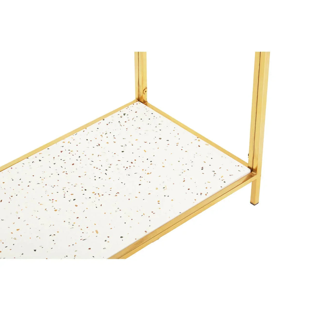 Gold metal table frame with terrazzo lower shelf featuring multicolored speckles