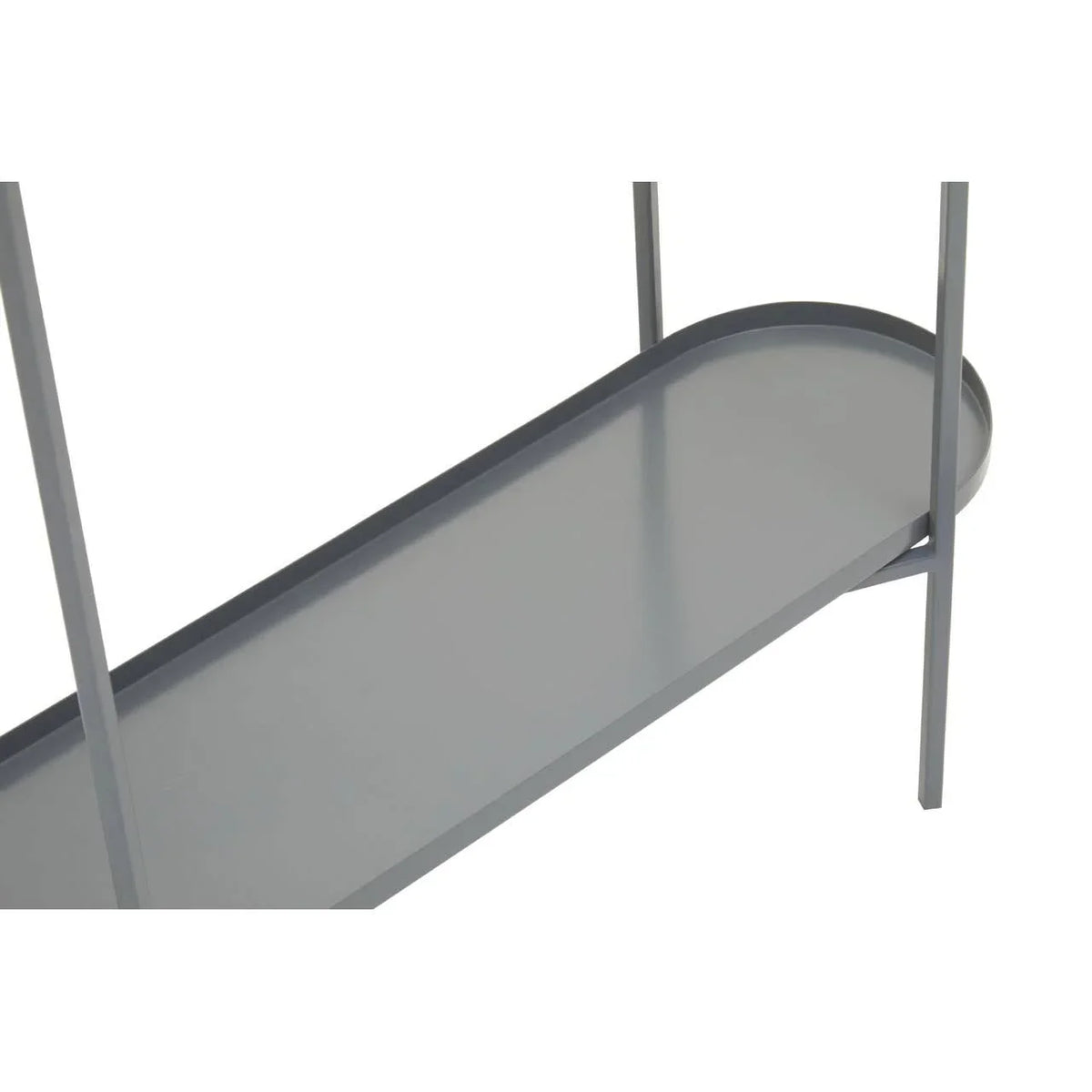 Close up of grey metal console table shelf and slim frame