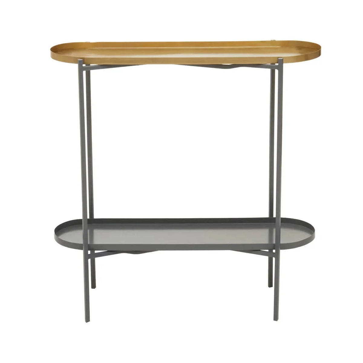 Metal console table with gold top shelf and grey lower shelf, minimalist design