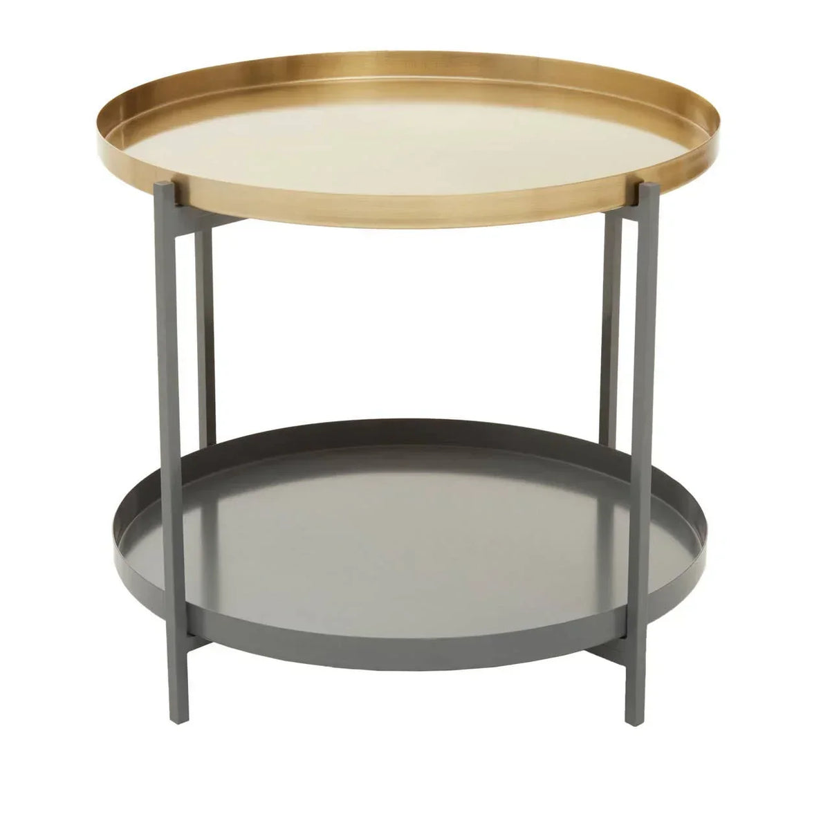 Round side table with gold top tray, lower grey shelf and metal legs