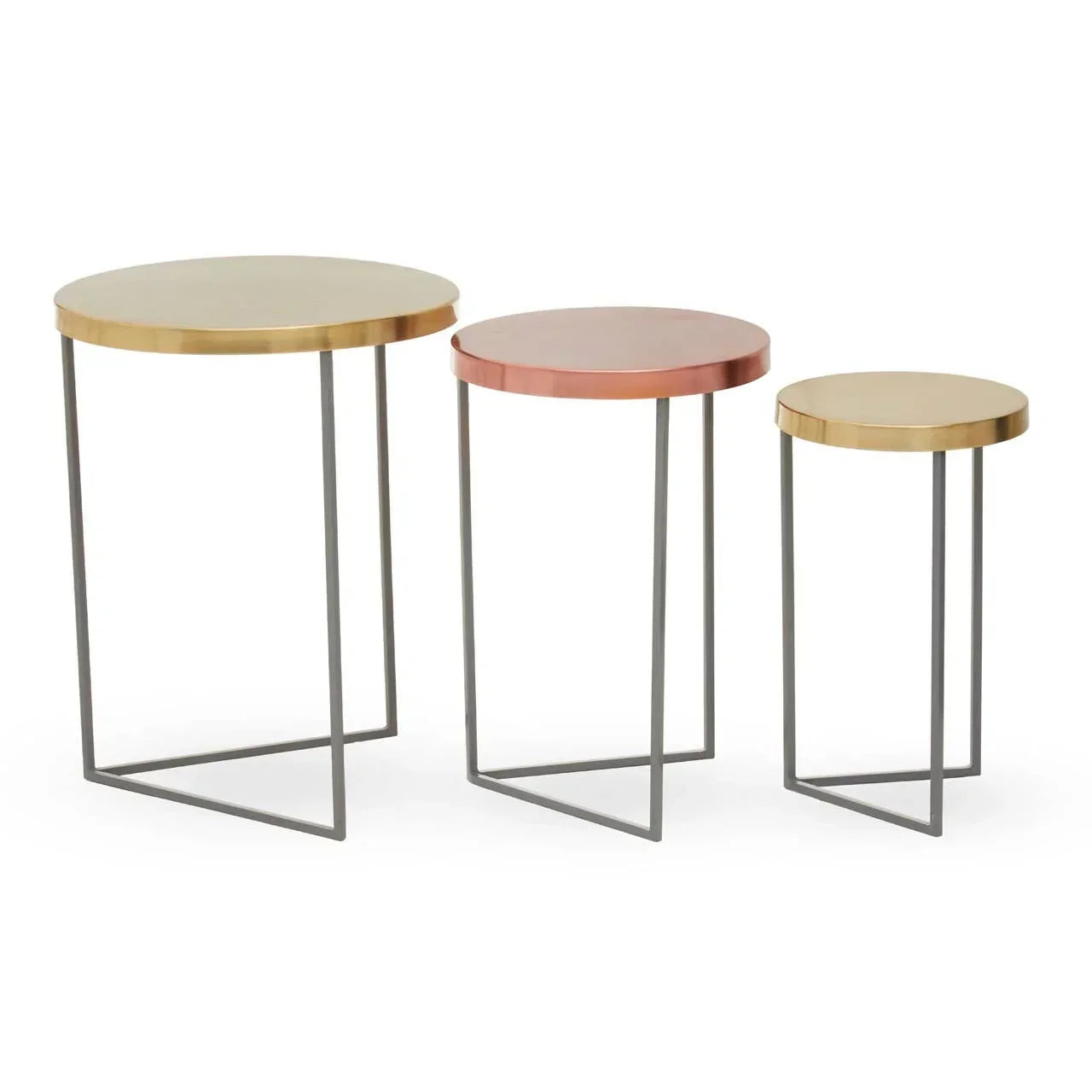 Set of three round nesting tables with metallic tops and slim black metal legs