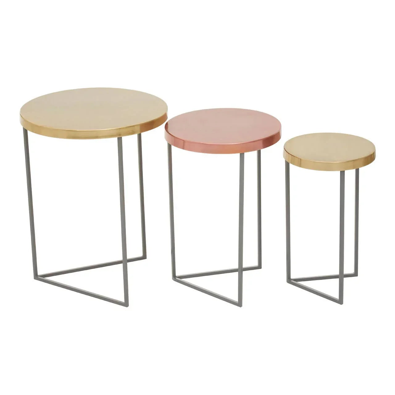 Set of three round metal nesting side tables with gold and copper tops, modern frame