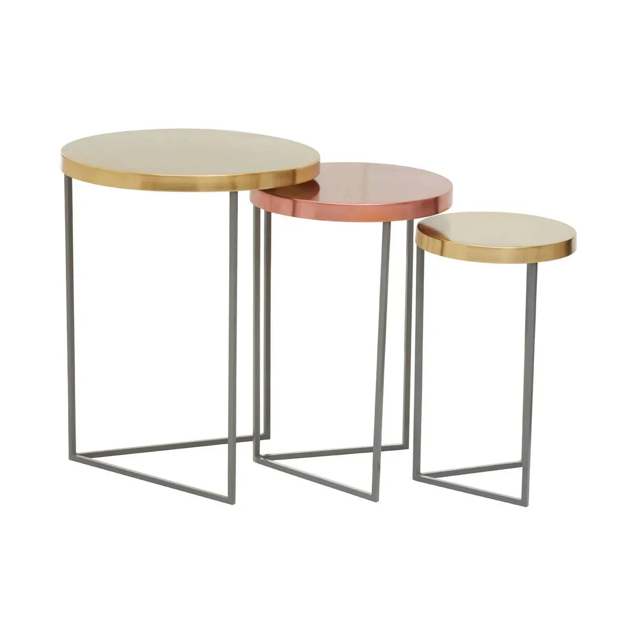 Round metal nesting tables set with gold and copper tops and slim black frames