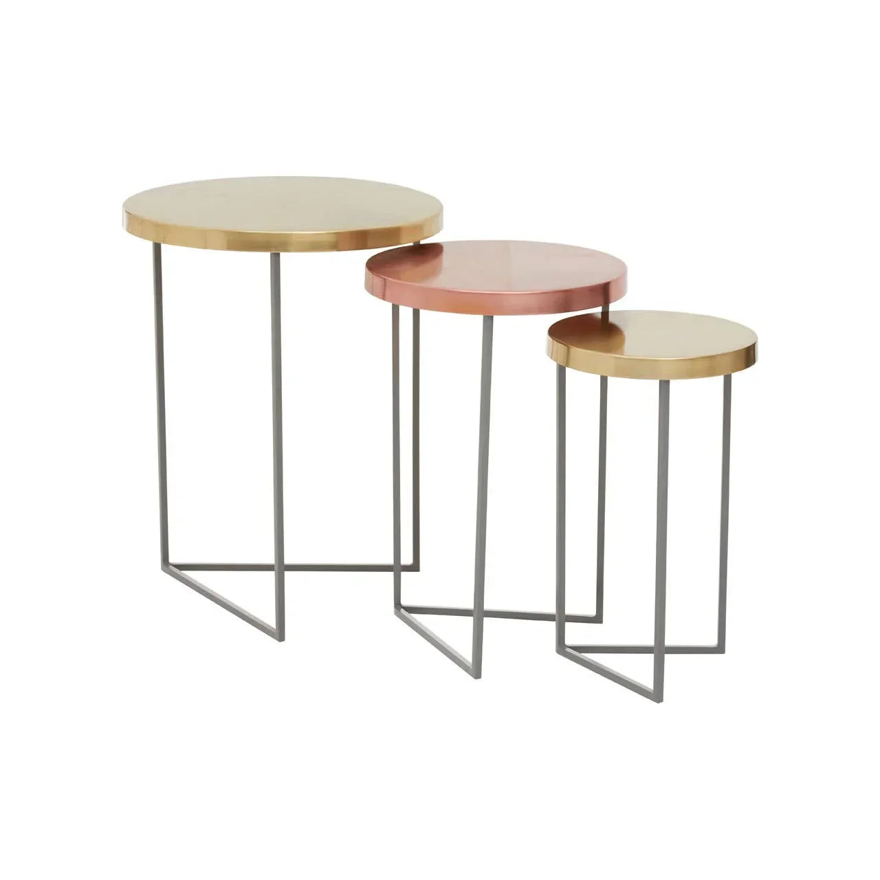 Set of three metal nesting tables with gold and copper tops on slim grey legs