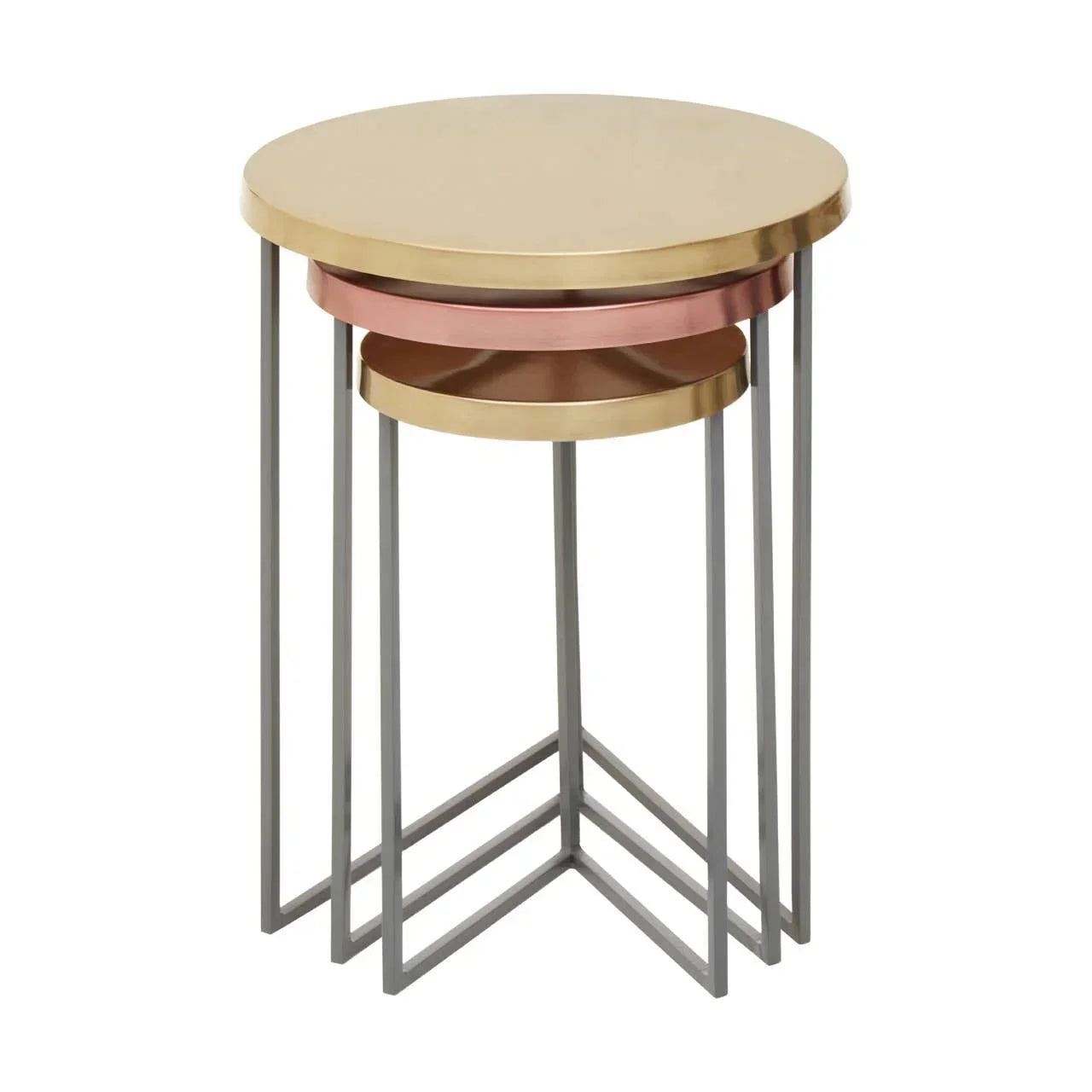 Round metallic nesting tables with gold, copper, and silver finish and slim legs