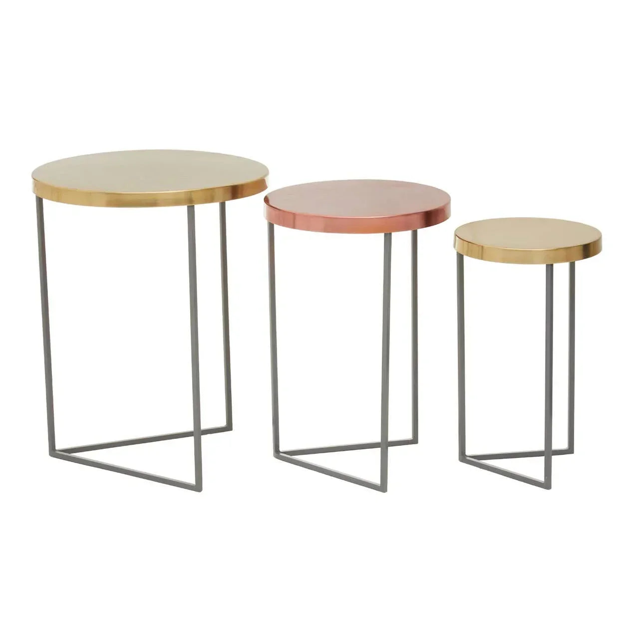 Set of three metal nesting tables with gold and copper tops and slim grey legs