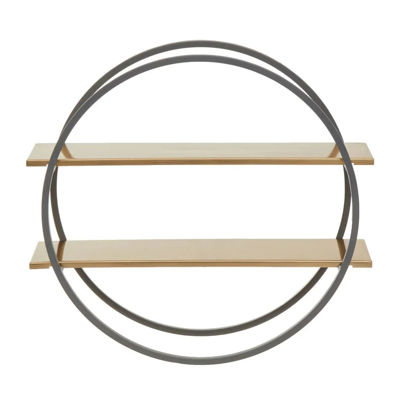 Wall-mounted circular shelf unit with two gold wooden shelves and black metal frame