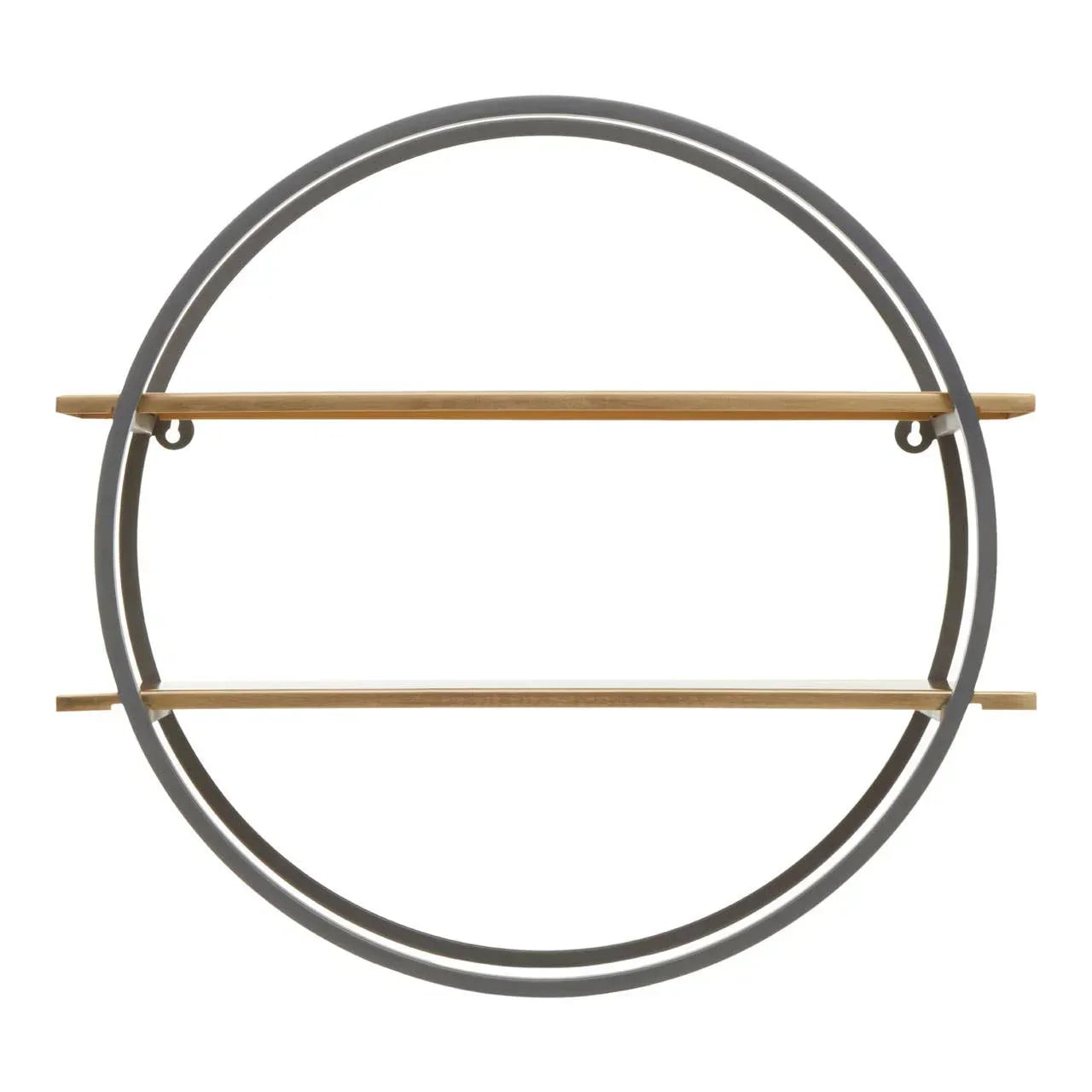 Round metal wall shelf with two wooden shelves, modern open design for home storage
