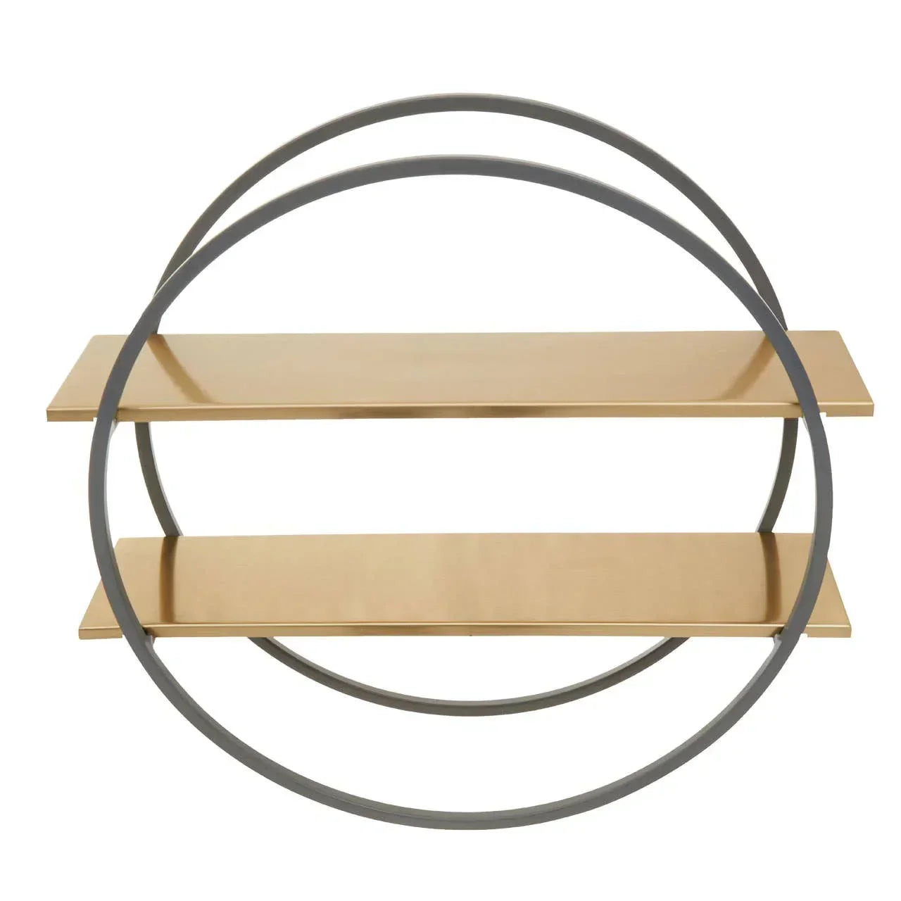 Round gold metal wall shelf with two tiers and circular black frame, front view