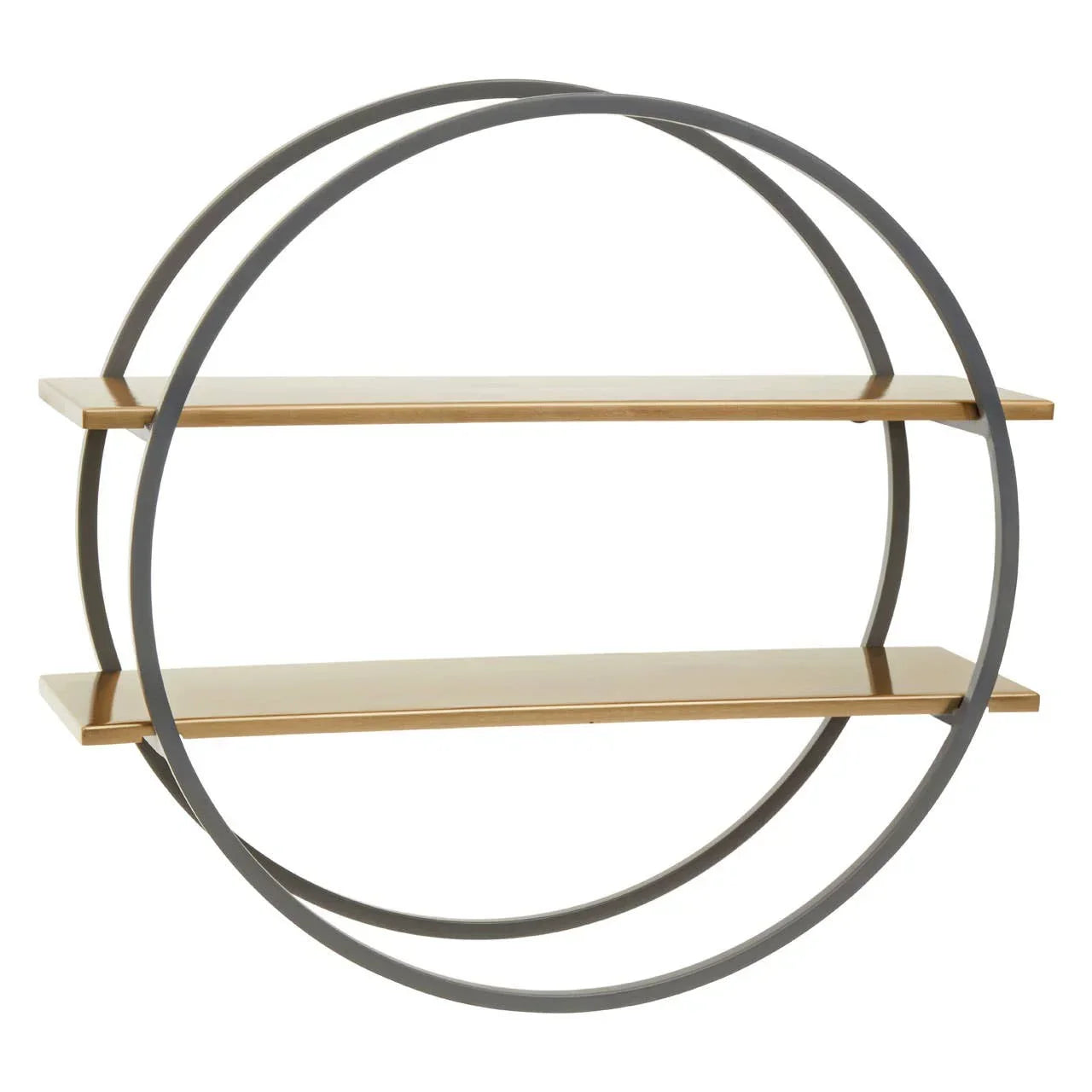 Round wall shelf with two wooden shelves and black metal circular frame