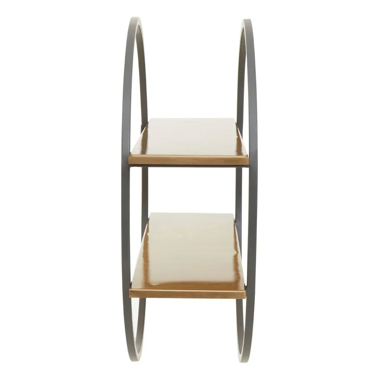Side view of two tier wooden and metal shelving unit with circular black frame