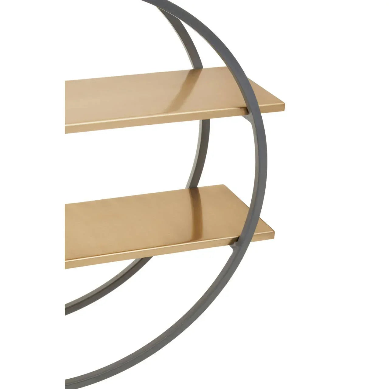 Gold metal wall shelf with circular frame and two rectangular shelves, side view