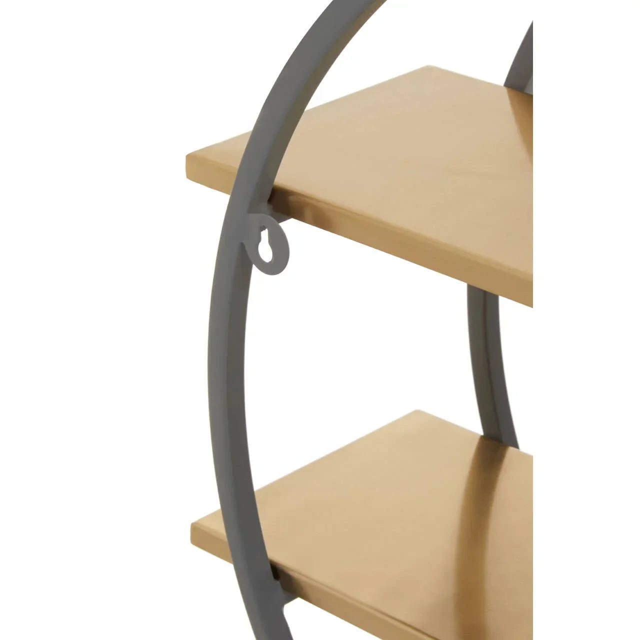 Closeup of round metal frame shelving unit with light wood shelves