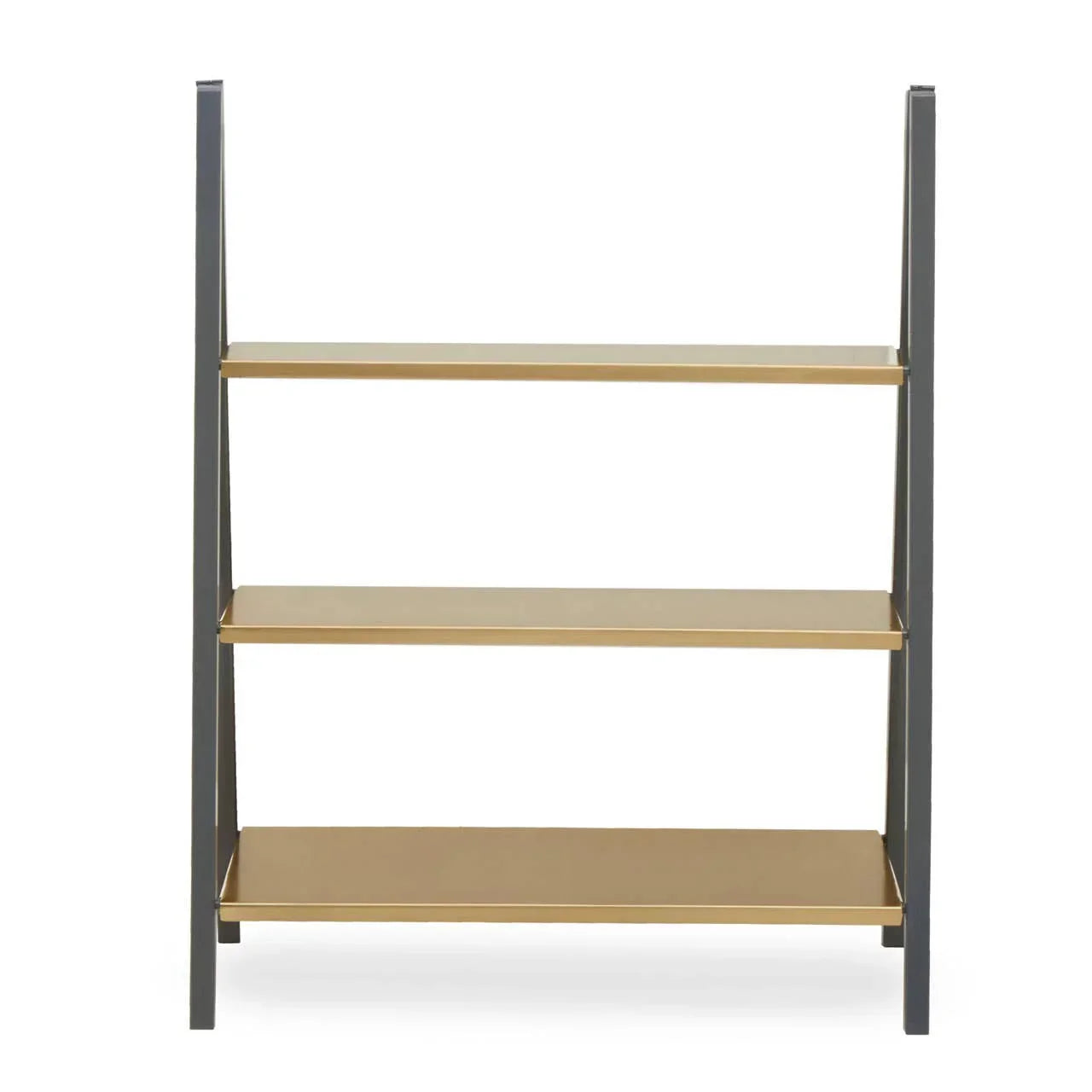Three tier gold and black shelving unit with open sides and flat shelves