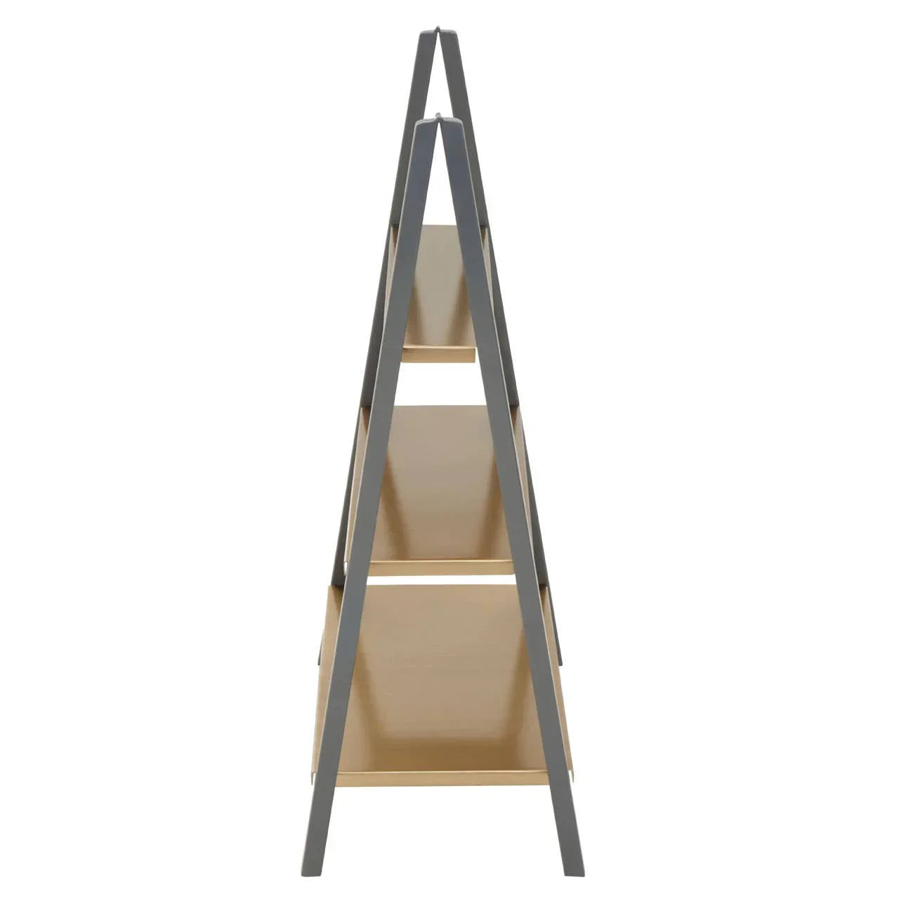 Side view of ladder bookshelf with three wood shelves and grey metal frame