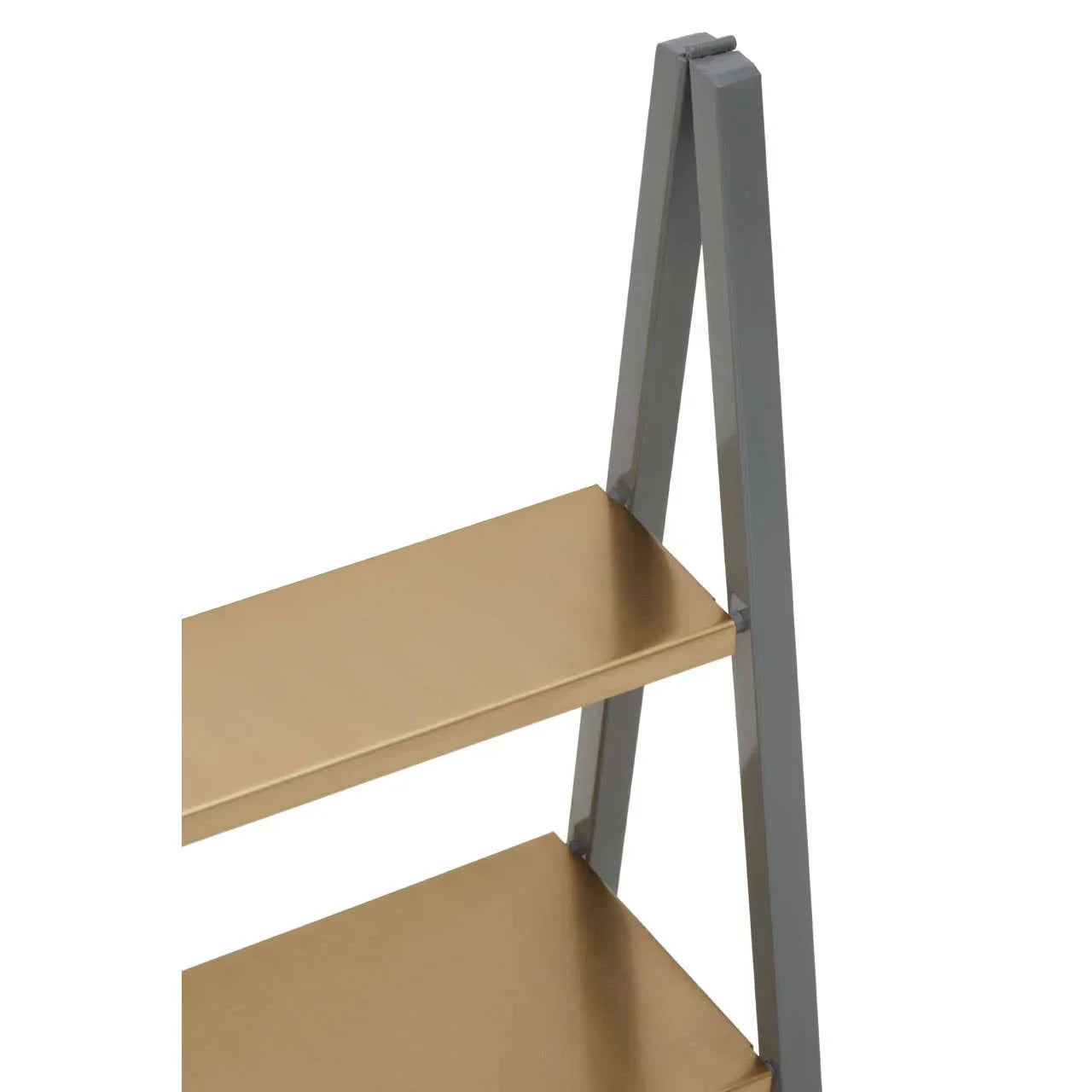 Gold metal shelving unit with grey frame, close view of two shelves and side support