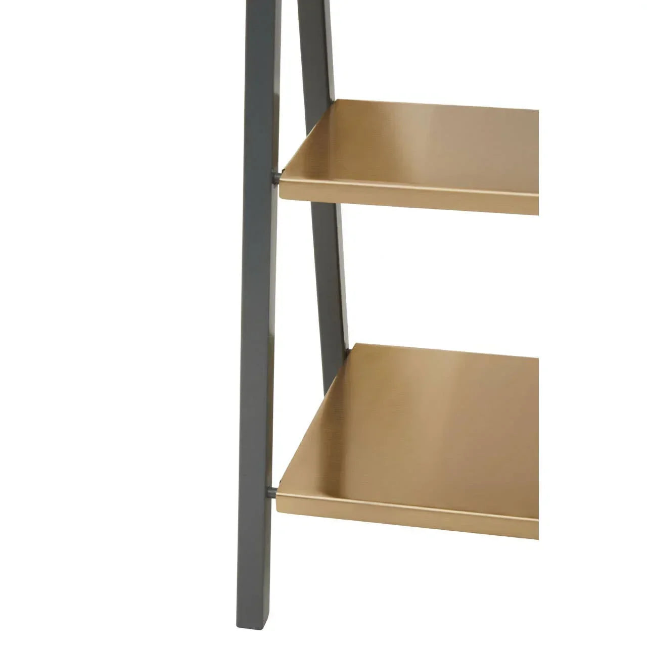 Close-up of metal shelving unit with gold shelves and black frame