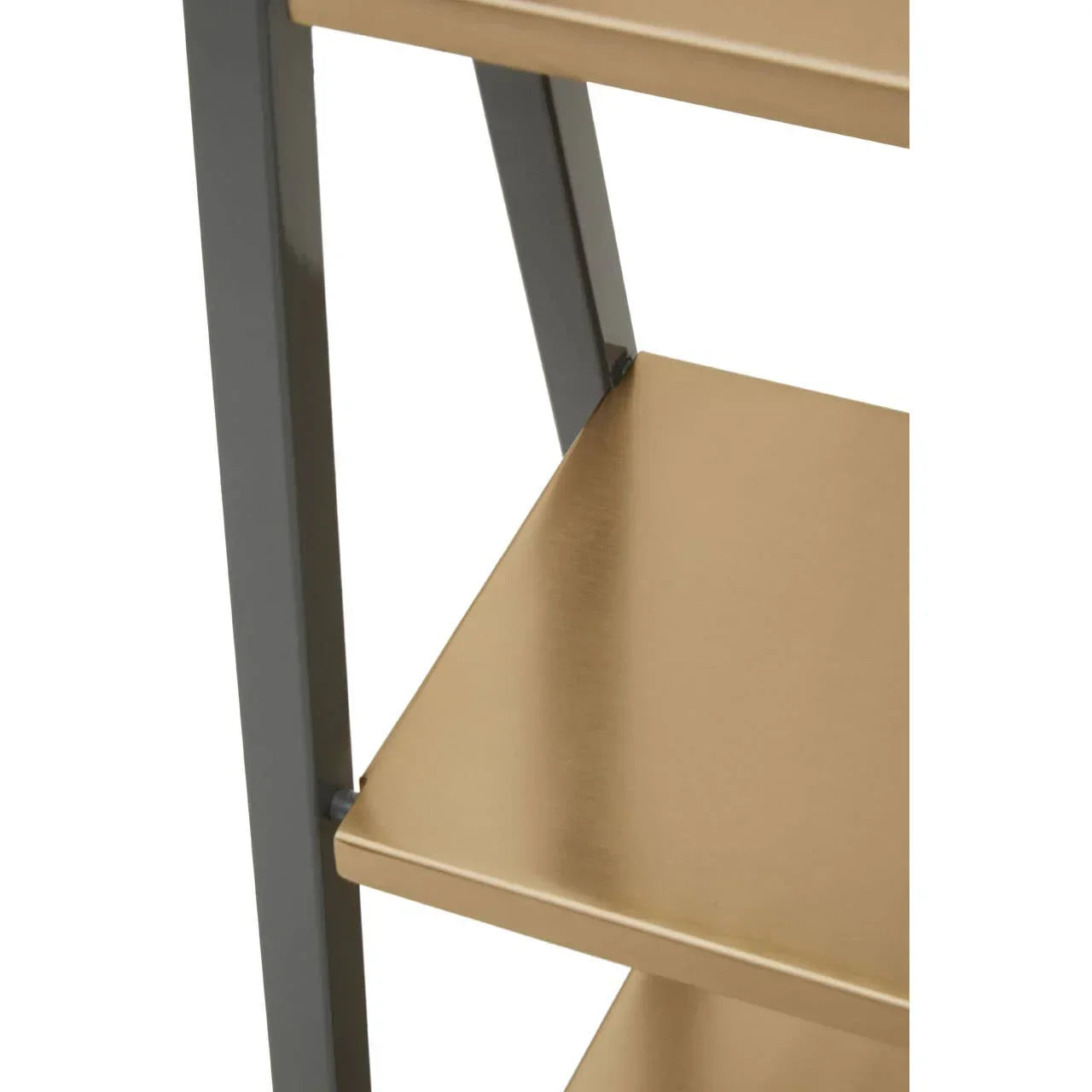 Gold metal shelving unit with matte black frame, close-up of corner shelves