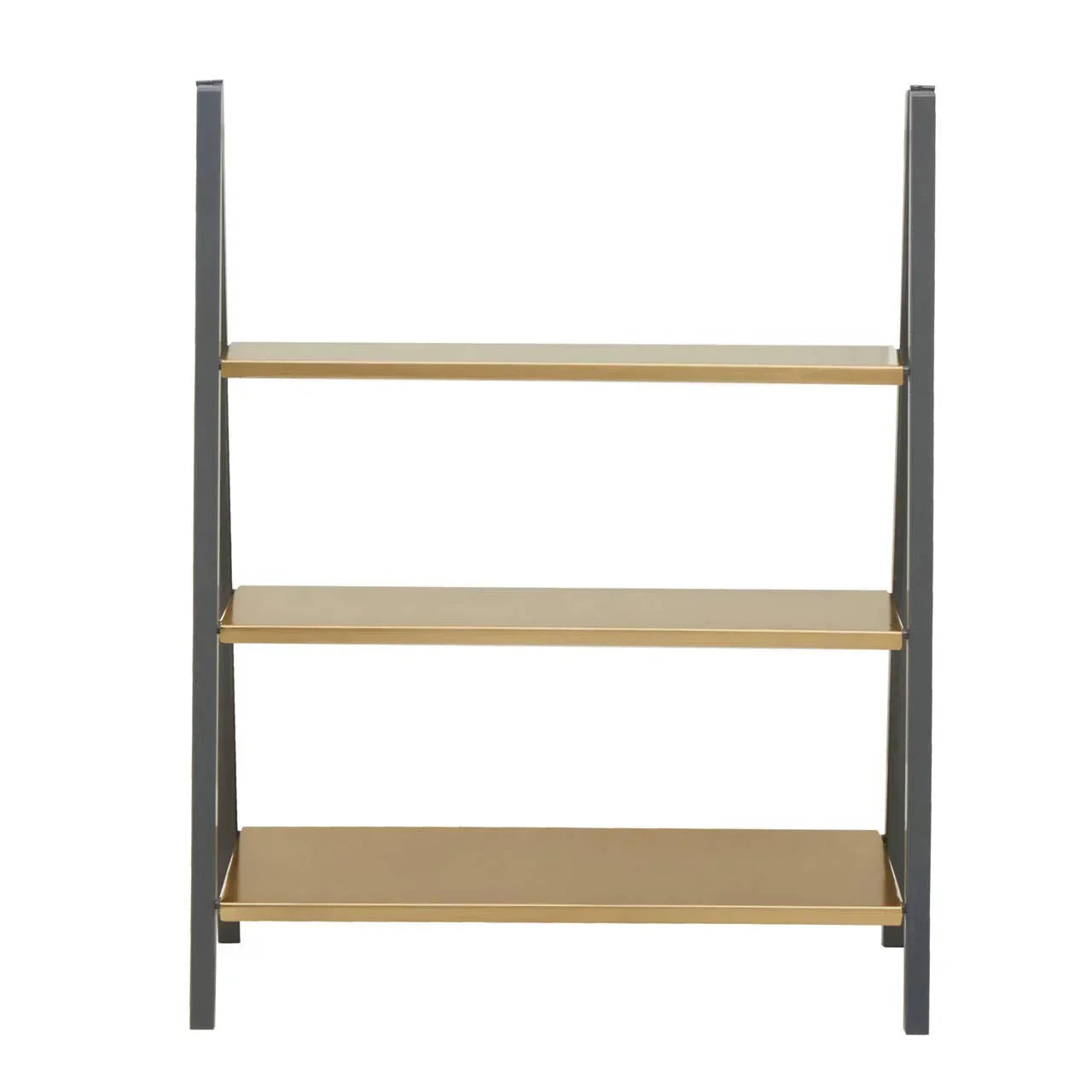 Three tier shelving unit with gold shelves and black frame, front view