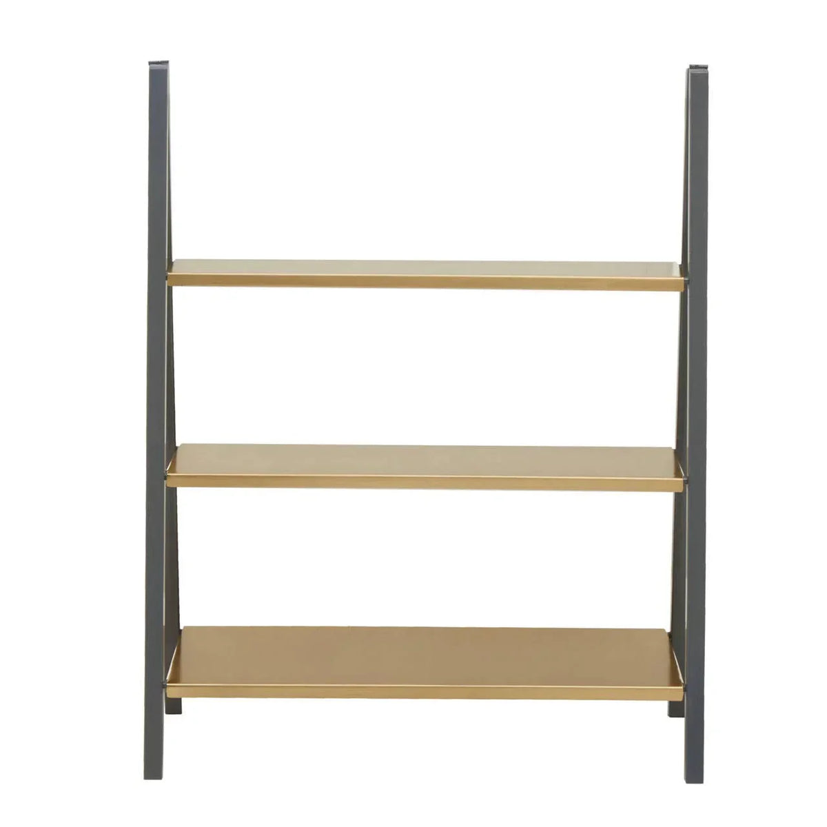 Three tier shelving unit with gold shelves and black frame, front view