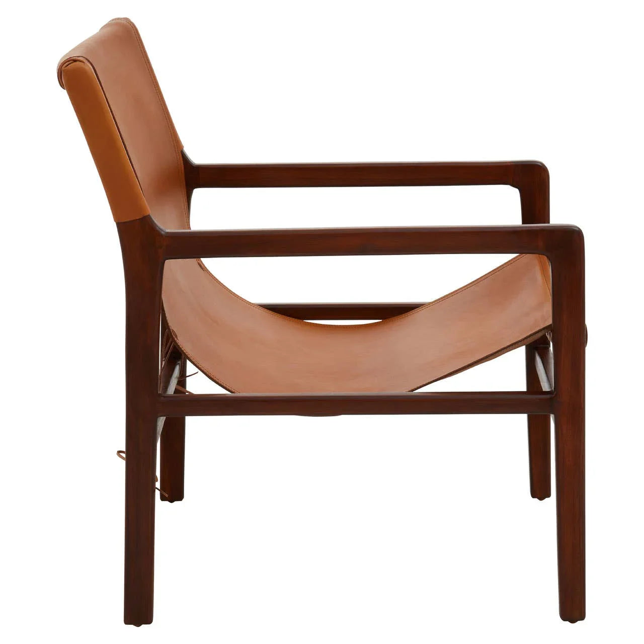 Side view brown leather lounge chair with wooden frame and wide seat