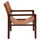 Side view brown leather lounge chair with wooden frame and wide seat