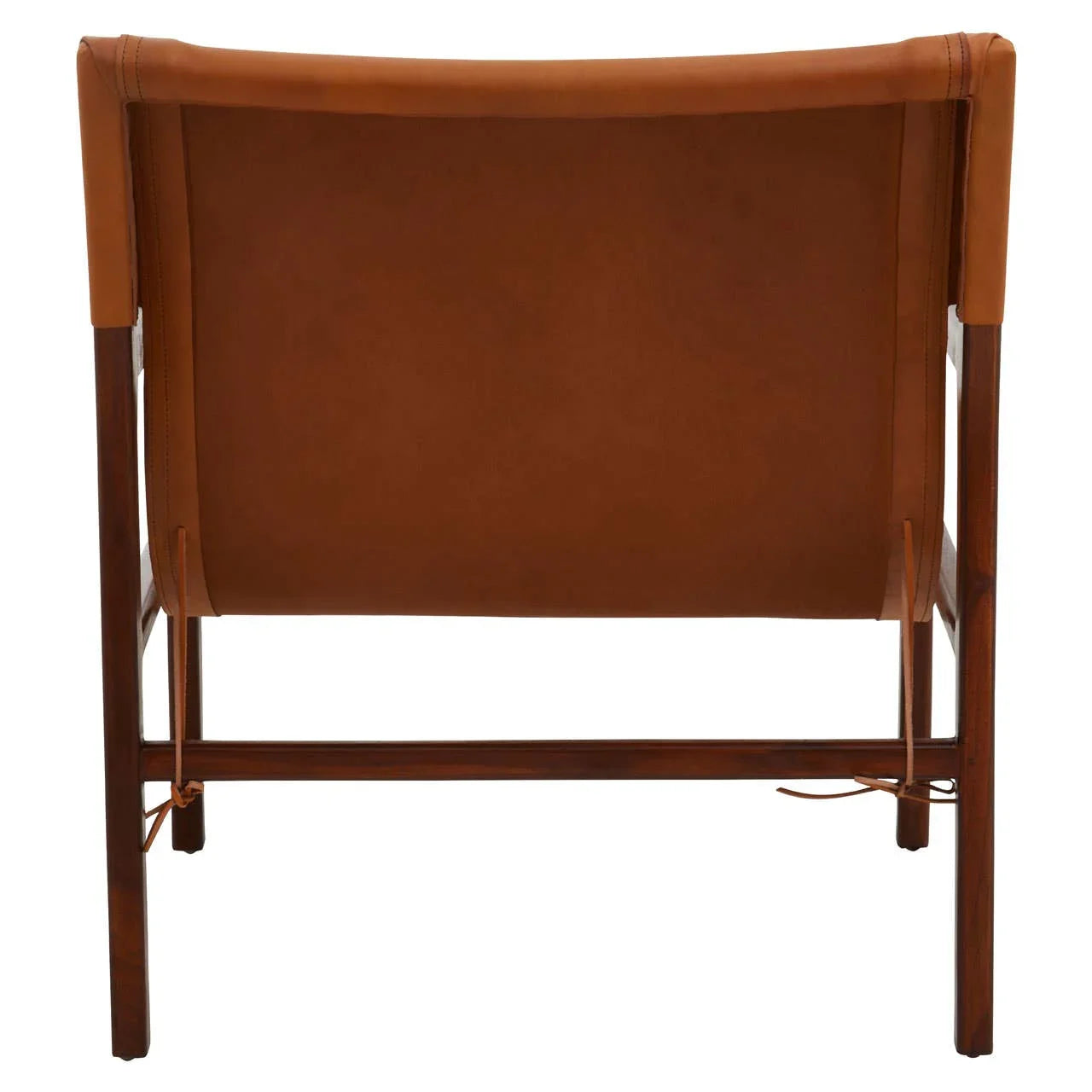 Back view of tan leather accent chair with wooden frame and stitched detail