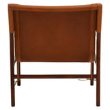 Back view of tan leather accent chair with wooden frame and stitched detail