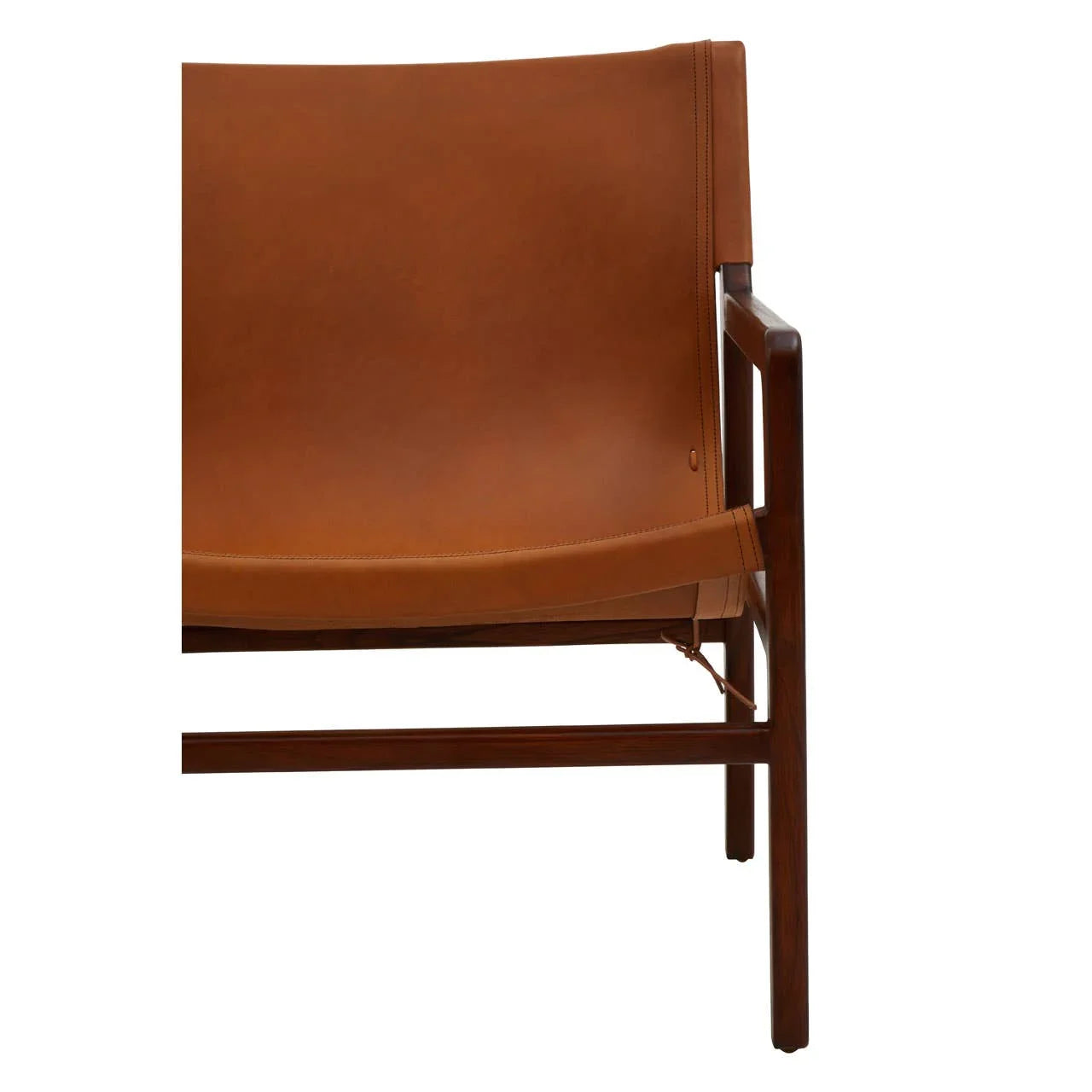 Brown leather armchair with wooden frame, side angle showing seat and backrest