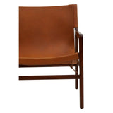 Brown leather armchair with wooden frame, side angle showing seat and backrest