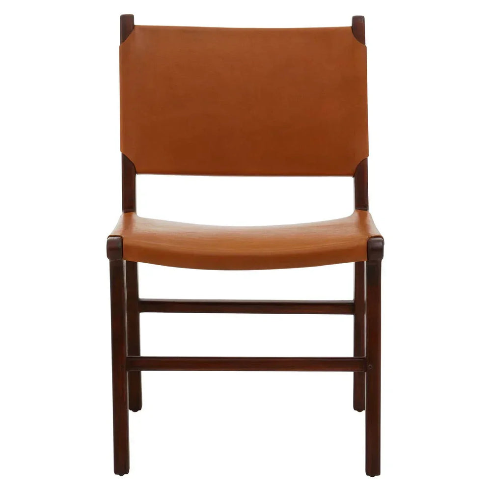 Brown leather dining chair with dark wood frame, straight front view