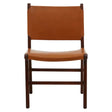 Brown leather dining chair with dark wood frame, straight front view