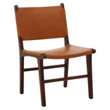 Tan leather dining chair with dark wood frame and angled legs
