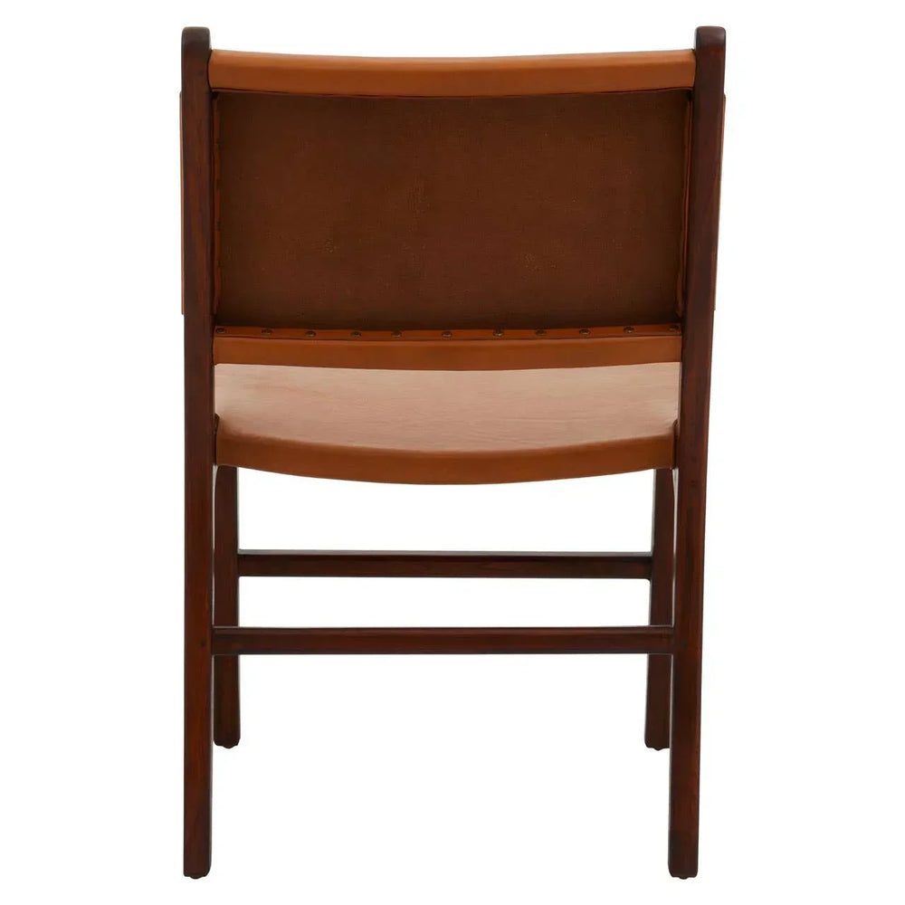 Rear view of wooden dining chair with brown leather backrest and seat