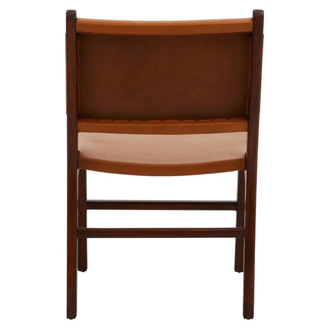 Rear view of wooden dining chair with brown leather backrest and seat