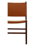 Tan leather dining chair with dark wood frame, partial side view