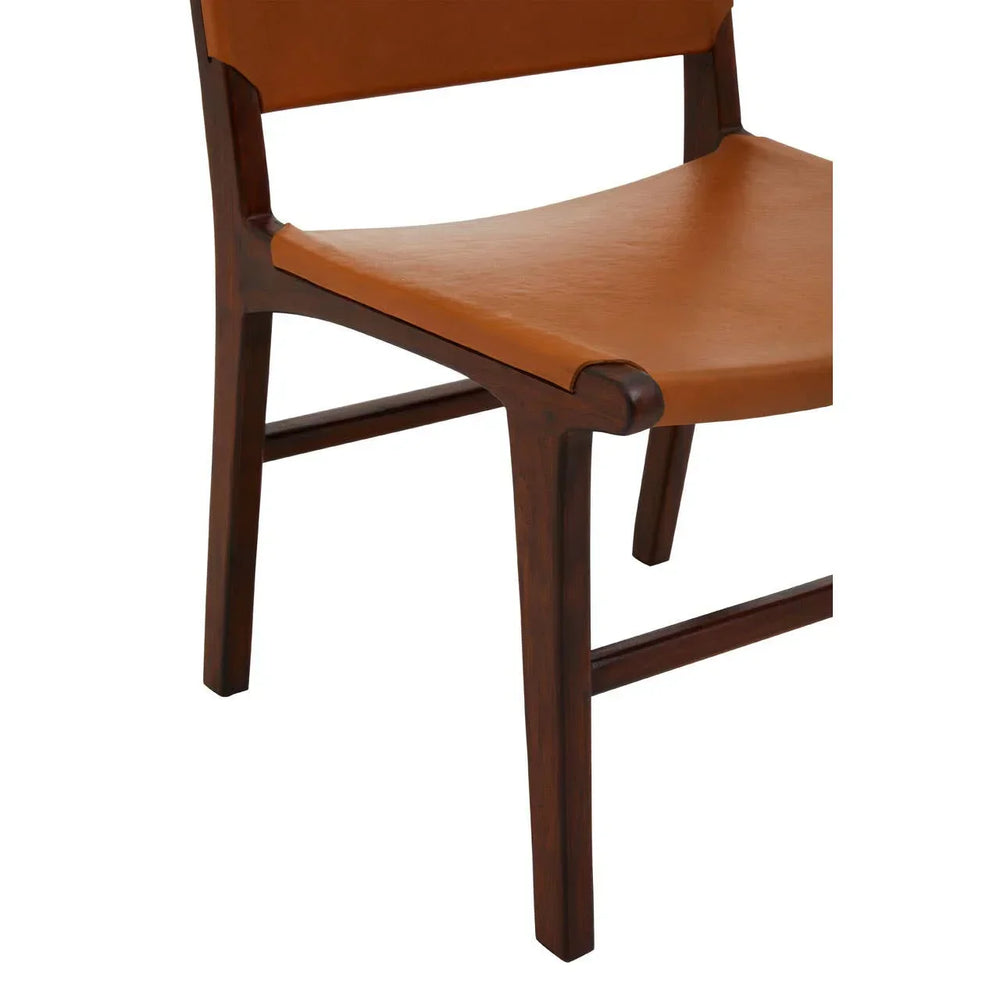 Brown leather dining chair with dark wood frame, angled view of seat and legs