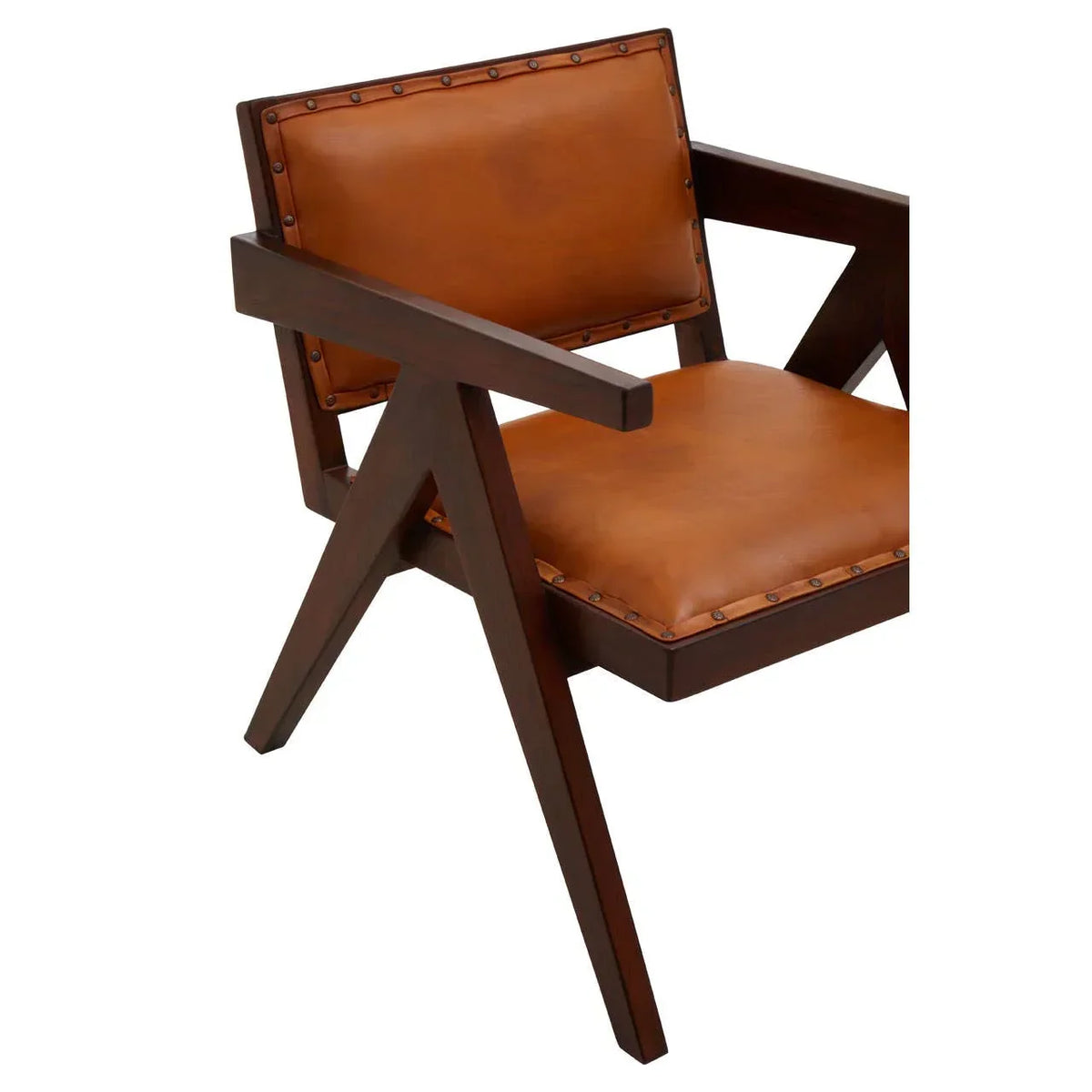 Brown leather accent chair with dark wood frame and nailhead trim, angled side view