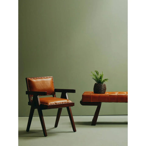 Brown leather accent chair and matching bench with potted plant against sage green wall