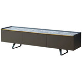 Low TV unit with marble effect top, matte finish and metal legs, front view