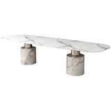 Modern marble dining table with oval top and cylindrical pedestal legs