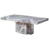 Rectangular marble dining table with grey veining and pedestal base