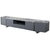 Grey TV unit with marble effect top, three drawers, open shelf and modern legs