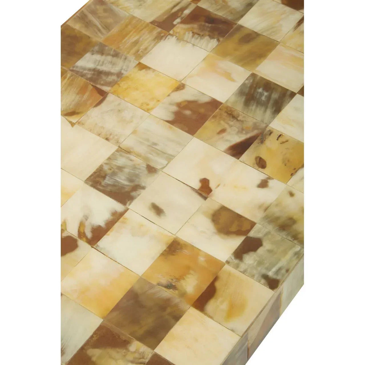 brown and cream mosaic tabletop with square tiles and natural horn pattern