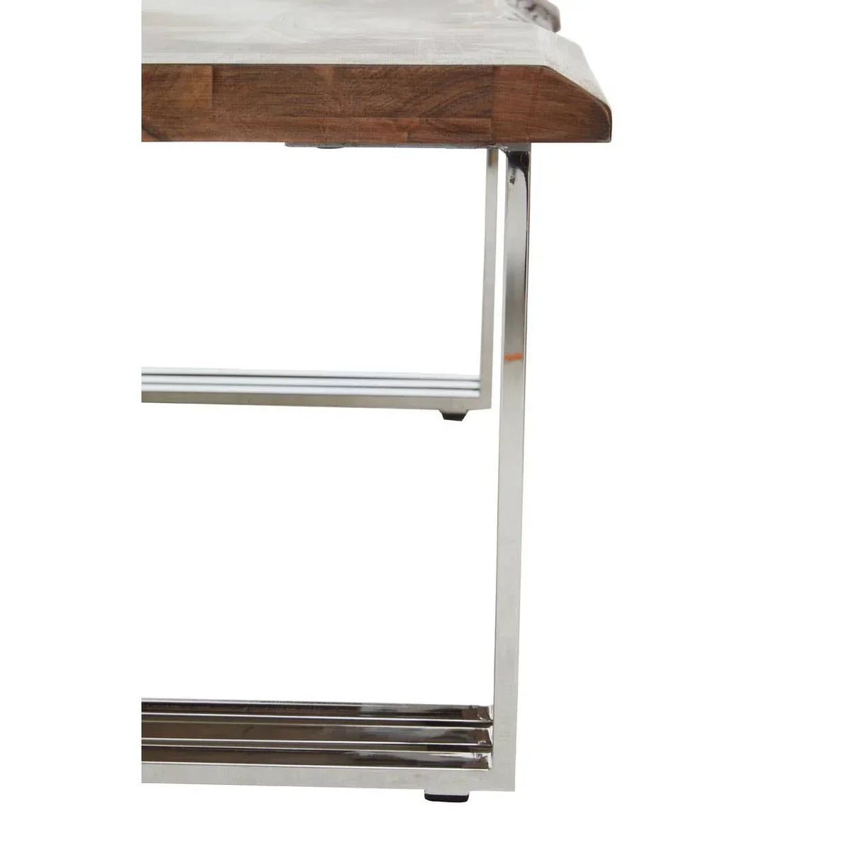 Side view of wooden dining table with stainless steel frame and modern edge detail